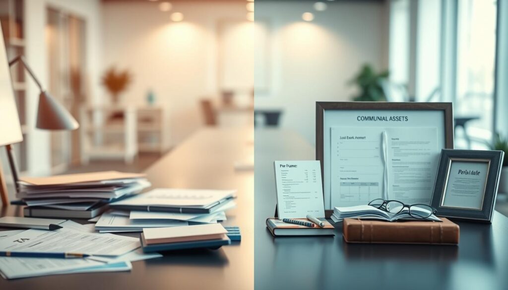 A split-screen image illustrating the difference between communal and personal assets. In the foreground, a modern office desk on the left, cluttered with shared financial documents, a calculator, and a joint bank statement, symbolizing communal assets. On the right, a personal space with a single nameplate, an individual bank statement, and personal items like a framed photo and a personal planner, representing personal assets. The middle ground shows a subtle division, with soft lighting transitioning from warm tones on the left to cooler, neutral tones on the right. The background features a blurred office environment, enhancing the professional and serious mood, captured from a slightly elevated angle to emphasize the contrast between the two types of assets.