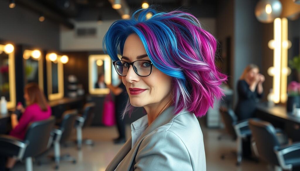 A stylish 50-year-old woman with bold, vibrant hair colors like electric blue and deep magenta, wearing professional attire that complements her unique style. She is in a chic urban salon setting, with modern decor and soft, ambient lighting that highlights her hair. The foreground features her confidently with a side profile, while the middle showcases a hair stylist working on other clients in the background. The atmosphere is vibrant and empowering, with a sense of renewal and confidence, perfect for showcasing daring hair choices. The image should have a close-up focus on her hair texture and colors, captured with a soft focus lens to create a warm and inviting mood. A stylish 50-year-old woman with bold, vibrant hair colors like electric blue and deep magenta, wearing professional attire that complements her unique style. She is in a chic urban salon setting, with modern decor and soft, ambient lighting that highlights her hair. The foreground features her confidently with a side profile, while the middle showcases a hair stylist working on other clients in the background. The atmosphere is vibrant and empowering, with a sense of renewal and confidence, perfect for showcasing daring hair choices. The image should have a close-up focus on her hair texture and colors, captured with a soft focus lens to create a warm and inviting mood.