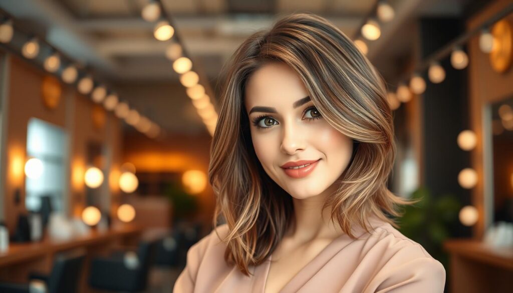 A stylish and confident woman with a round face, showcasing flattering hairstyles that slim her features. She has medium-length hair styled in soft layers and subtle waves, enhancing her cheekbones, with a side part contributing to an elongated look. Her attire is a smart-casual blouse, set against a soft-focus background of a modern hair salon with warm lighting. The atmosphere is inviting and elegant, creating a fresh and contemporary vibe. The lighting is bright yet soft, highlighting her facial features and the hair textures beautifully. The image is captured from a slight angle to emphasize the hairstyles in a dynamic way, focusing on their suitability for a round face.