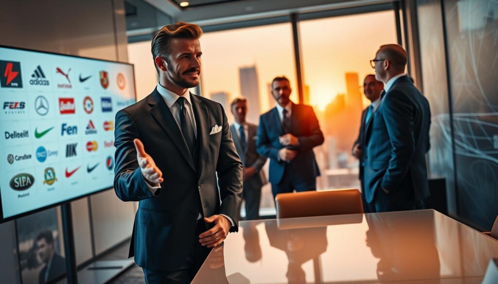 A stylish and upscale scene depicting David Beckham, dressed in a sharp business suit, engaging in a conversation with a group of influential business partners. In the foreground, Beckham exudes confidence and charisma, with a slight smile as he gestures towards a sleek presentation screen displaying logos of global brands associated with him. The middle layer features a modern office setting with an elegant conference table and large windows showcasing a city skyline bathed in warm, inviting light. The background presents a blend of sports memorabilia and high-end advertising images that reflect Beckham's career in sports and marketing. The overall atmosphere is vibrant yet professional, emphasizing the intersection of sports, advertising, and global influence. The perspective is a dynamic angle, capturing both Beckham and the inspiring environment surrounding him. A stylish and upscale scene depicting David Beckham, dressed in a sharp business suit, engaging in a conversation with a group of influential business partners. In the foreground, Beckham exudes confidence and charisma, with a slight smile as he gestures towards a sleek presentation screen displaying logos of global brands associated with him. The middle layer features a modern office setting with an elegant conference table and large windows showcasing a city skyline bathed in warm, inviting light. The background presents a blend of sports memorabilia and high-end advertising images that reflect Beckham's career in sports and marketing. The overall atmosphere is vibrant yet professional, emphasizing the intersection of sports, advertising, and global influence. The perspective is a dynamic angle, capturing both Beckham and the inspiring environment surrounding him.