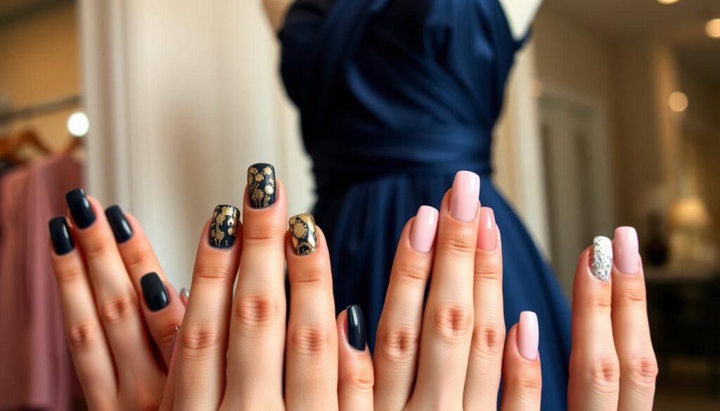 A stylish arrangement of elegantly manicured nails in various shades that complement a navy blue dress. In the foreground, showcase a close-up of hands displaying five different nail designs, including a classic French tip, deep navy with gold accents, soft pink with subtle glitter, and pastel colors for contrast. In the middle background, include a softly draped navy blue dress hanging elegantly on a stylish mannequin. The lighting should be soft and diffused, creating a glamorous and sophisticated atmosphere. Use a shallow depth of field to blur the background slightly, keeping the focus on the intricate nail designs. The overall mood should convey elegance, refinement, and fashion sophistication. A stylish arrangement of elegantly manicured nails in various shades that complement a navy blue dress. In the foreground, showcase a close-up of hands displaying five different nail designs, including a classic French tip, deep navy with gold accents, soft pink with subtle glitter, and pastel colors for contrast. In the middle background, include a softly draped navy blue dress hanging elegantly on a stylish mannequin. The lighting should be soft and diffused, creating a glamorous and sophisticated atmosphere. Use a shallow depth of field to blur the background slightly, keeping the focus on the intricate nail designs. The overall mood should convey elegance, refinement, and fashion sophistication.