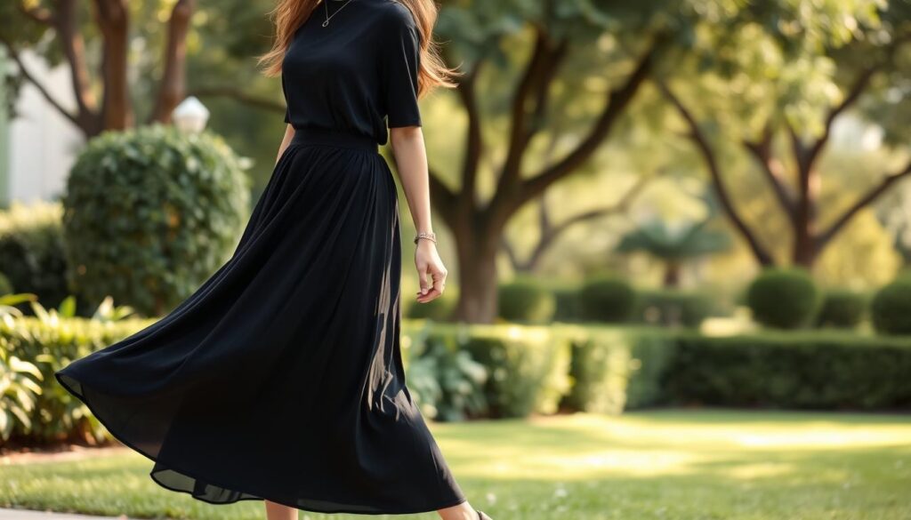 A stylish black long dress elegantly drapes on a model in a chic outdoor setting, embodying a casual everyday look. The dress features a fitted bodice and flowing skirt that billows gently in the breeze. The model, showcasing a modest yet fashionable outfit, is accessorized with a simple belt and understated jewelry, enhancing the overall sophistication. The background reveals a lush garden with soft, diffused sunlight filtering through the trees, creating an inviting atmosphere. The angle captures the model from a flattering side profile, emphasizing the graceful movement of the fabric. The overall mood is relaxed and stylish, perfect for a casual day out, highlighting versatile ways to wear a long black dress.