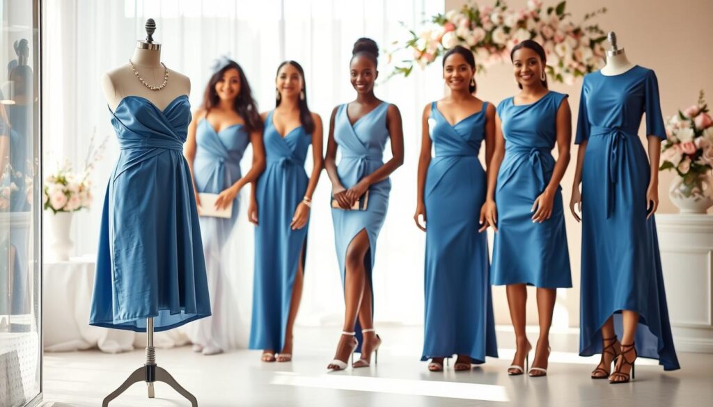A stylish collection of outfits featuring a blue dress suitable for various occasions, set in a softly lit, elegant environment. In the foreground, a full-length blue dress drapes elegantly on a mannequin, complemented by accessories like delicate silver jewelry, chic heels, and a small clutch handbag. In the middle ground, three women of diverse ethnicities stand wearing similar blue dresses, each paired with unique statement accessories that highlight their personal styles. The background is adorned with subtle floral arrangements and soft pastel colors, enhancing the romantic atmosphere. Utilize soft, natural lighting to create a warm ambiance, with a slightly blurred background to focus on the outfits and accessories. The composition captures a sense of celebration and timeless elegance.