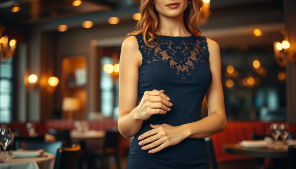 A stylish, elegant woman standing in an upscale setting, wearing a sophisticated navy blue dress. The dress has a fitted silhouette with delicate lace detailing, enhancing its charm. Her hands are gracefully displayed, showcasing beautifully manicured nails painted in a subtle, elegant color that complements her outfit. In the background, a softly lit restaurant ambiance features warm golden lights and tasteful decor, creating an inviting atmosphere. The focus is on the subject, captured using a shallow depth of field, giving a soft bokeh effect to the background. The lighting is warm and flattering, accentuating the sophistication of the styling. The overall mood is refined and chic, evoking a sense of special occasions and upscale events. A stylish, elegant woman standing in an upscale setting, wearing a sophisticated navy blue dress. The dress has a fitted silhouette with delicate lace detailing, enhancing its charm. Her hands are gracefully displayed, showcasing beautifully manicured nails painted in a subtle, elegant color that complements her outfit. In the background, a softly lit restaurant ambiance features warm golden lights and tasteful decor, creating an inviting atmosphere. The focus is on the subject, captured using a shallow depth of field, giving a soft bokeh effect to the background. The lighting is warm and flattering, accentuating the sophistication of the styling. The overall mood is refined and chic, evoking a sense of special occasions and upscale events.