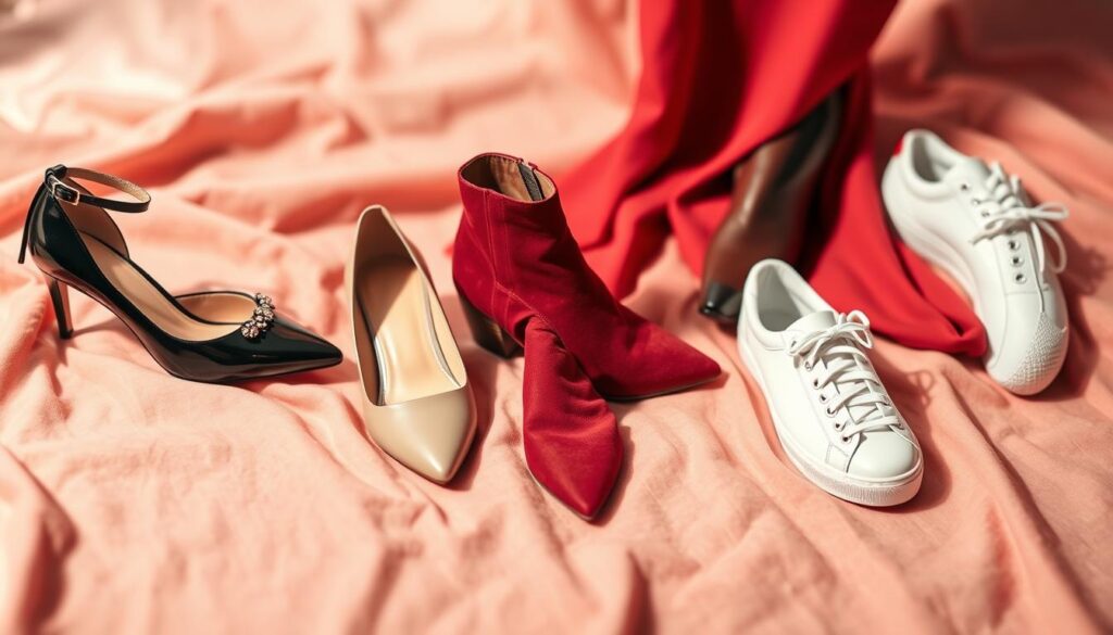 A stylish flat lay composition showcasing different shoe styles suitable for a red dress, arranged artfully on a soft, textured fabric background. In the foreground, display a pair of elegant black high heels, adorned with subtle embellishments, alongside classic nude pumps with a glossy finish. In the middle, include trendy ankle boots in rich burgundy and stylish white sneakers for a casual look. The background features a blurred romantic setting with soft pastel colors, allowing the shoe styles to stand out. Utilize natural lighting to create a warm, inviting atmosphere, emphasizing the textures and details of the footwear. Aim for a harmonious balance and a fashion-forward vibe that inspires readers. A stylish flat lay composition showcasing different shoe styles suitable for a red dress, arranged artfully on a soft, textured fabric background. In the foreground, display a pair of elegant black high heels, adorned with subtle embellishments, alongside classic nude pumps with a glossy finish. In the middle, include trendy ankle boots in rich burgundy and stylish white sneakers for a casual look. The background features a blurred romantic setting with soft pastel colors, allowing the shoe styles to stand out. Utilize natural lighting to create a warm, inviting atmosphere, emphasizing the textures and details of the footwear. Aim for a harmonious balance and a fashion-forward vibe that inspires readers.