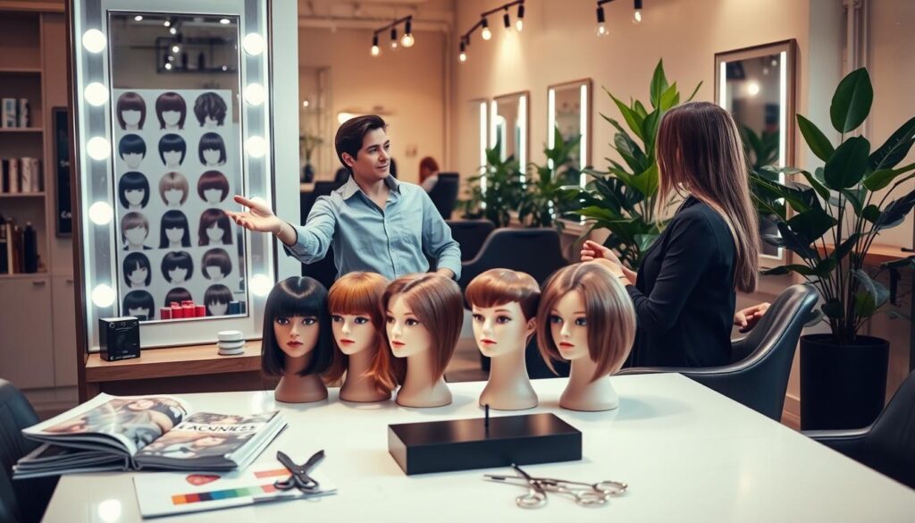 A stylish hair consultation scene in a well-lit salon, focusing on a professional hair stylist advising a client with a heart-shaped face. The stylist, wearing smart casual clothing, gestures towards a large mirror reflecting various hairstyle options. In the foreground, an elegant consultation table is adorned with hair magazines, scissors, and color swatches. The mid-ground showcases a variety of mannequin heads displaying different haircuts suitable for various face shapes—round, oval, square, and heart-shaped. The background features soft, ambient lighting that creates a warm and inviting atmosphere, with salon chairs and lush plants adding to the inviting vibe. The image should evoke a sense of creativity and professionalism, illustrating the concept of choosing the right hairstyle based on face shape.