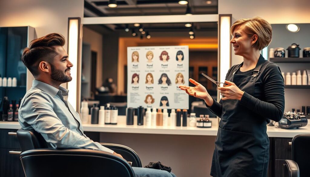 A stylish hair salon interior, featuring a knowledgeable hairstylist discussing how to choose the perfect hairstyle based on face shape. In the foreground, a well-groomed individual sits in a salon chair, with a relaxed yet focused expression, wearing professional attire. The stylist, in an apron, holds a pair of scissors and gestures thoughtfully, surrounded by various hair products and tools on a modern workstation. In the middle, a large mirror reflects their discussion, showcasing a visual guide with illustrations of different face shapes like oval, round, square, and heart-shaped hairstyles. The background is softly lit with warm-toned lighting, creating an inviting atmosphere. The overall mood is informative and friendly, emphasizing the importance of personalized hair choices. A stylish hair salon interior, featuring a knowledgeable hairstylist discussing how to choose the perfect hairstyle based on face shape. In the foreground, a well-groomed individual sits in a salon chair, with a relaxed yet focused expression, wearing professional attire. The stylist, in an apron, holds a pair of scissors and gestures thoughtfully, surrounded by various hair products and tools on a modern workstation. In the middle, a large mirror reflects their discussion, showcasing a visual guide with illustrations of different face shapes like oval, round, square, and heart-shaped hairstyles. The background is softly lit with warm-toned lighting, creating an inviting atmosphere. The overall mood is informative and friendly, emphasizing the importance of personalized hair choices.