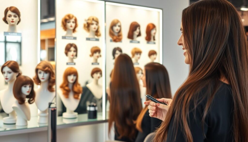 A stylish hair salon interior showcasing a diverse selection of hairstyles suited for various face shapes, prominently displayed on elegant mannequins. In the foreground, focus on a female stylist with a warm smile, dressed in professional attire, consulting a client with long hair, highlighting the hairstyling process. The middle section features a well-lit mirror reflecting an array of hair designs that complement oval, square, round, and heart face shapes. The background presents a chic, modern salon ambiance with soft, diffused lighting that creates an inviting atmosphere. The scene captures a sense of elegance and expertise, emphasizing the importance of choosing the right hairstyle for formal occasions like weddings and galas. A stylish hair salon interior showcasing a diverse selection of hairstyles suited for various face shapes, prominently displayed on elegant mannequins. In the foreground, focus on a female stylist with a warm smile, dressed in professional attire, consulting a client with long hair, highlighting the hairstyling process. The middle section features a well-lit mirror reflecting an array of hair designs that complement oval, square, round, and heart face shapes. The background presents a chic, modern salon ambiance with soft, diffused lighting that creates an inviting atmosphere. The scene captures a sense of elegance and expertise, emphasizing the importance of choosing the right hairstyle for formal occasions like weddings and galas.