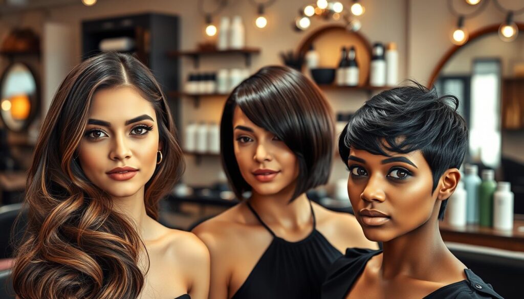 A stylish hair salon setting featuring a diverse group of three models with round faces, each showcasing trendy hairstyles for 2024. In the foreground, the first model has long, layered waves with soft bangs, conveying elegance. The second model sports a chic bob cut with a slight side part, emphasizing a modern professional look. The third model features a textured pixie cut, highlighting facial features. The middle area displays salon tools and hair products artistically arranged. The background has stylish salon decor with warm lighting, creating an inviting atmosphere. Capture this scene using a soft-focus lens with natural light highlighting the hairstyles. The mood should be upbeat and fashionable, representing cutting-edge hair trends while remaining professional and chic. A stylish hair salon setting featuring a diverse group of three models with round faces, each showcasing trendy hairstyles for 2024. In the foreground, the first model has long, layered waves with soft bangs, conveying elegance. The second model sports a chic bob cut with a slight side part, emphasizing a modern professional look. The third model features a textured pixie cut, highlighting facial features. The middle area displays salon tools and hair products artistically arranged. The background has stylish salon decor with warm lighting, creating an inviting atmosphere. Capture this scene using a soft-focus lens with natural light highlighting the hairstyles. The mood should be upbeat and fashionable, representing cutting-edge hair trends while remaining professional and chic.