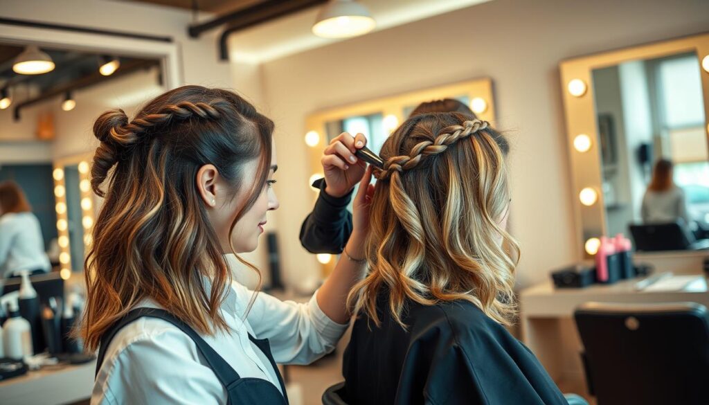 A stylish hair salon setting featuring a fashionable hairstyle being expertly crafted. In the foreground, a hairdresser, dressed in professional attire, styles the hair of a client with shoulder-length hair, showcasing intricate braids and soft waves, reflecting modern hair trends. The middle ground captures a well-organized workstation with styling tools, brushes, and hair products arranged neatly. The background showcases a chic salon ambiance with large mirrors, bright, warm lighting enhancing the textures and colors of the hairstyles, and a serene atmosphere. The overall mood is vibrant yet relaxed, emphasizing the idea of creating the perfect trendy hairstyle. The angle focuses on the interaction between the stylist and the client, highlighting the artistry of hairdressing. A stylish hair salon setting featuring a fashionable hairstyle being expertly crafted. In the foreground, a hairdresser, dressed in professional attire, styles the hair of a client with shoulder-length hair, showcasing intricate braids and soft waves, reflecting modern hair trends. The middle ground captures a well-organized workstation with styling tools, brushes, and hair products arranged neatly. The background showcases a chic salon ambiance with large mirrors, bright, warm lighting enhancing the textures and colors of the hairstyles, and a serene atmosphere. The overall mood is vibrant yet relaxed, emphasizing the idea of creating the perfect trendy hairstyle. The angle focuses on the interaction between the stylist and the client, highlighting the artistry of hairdressing.