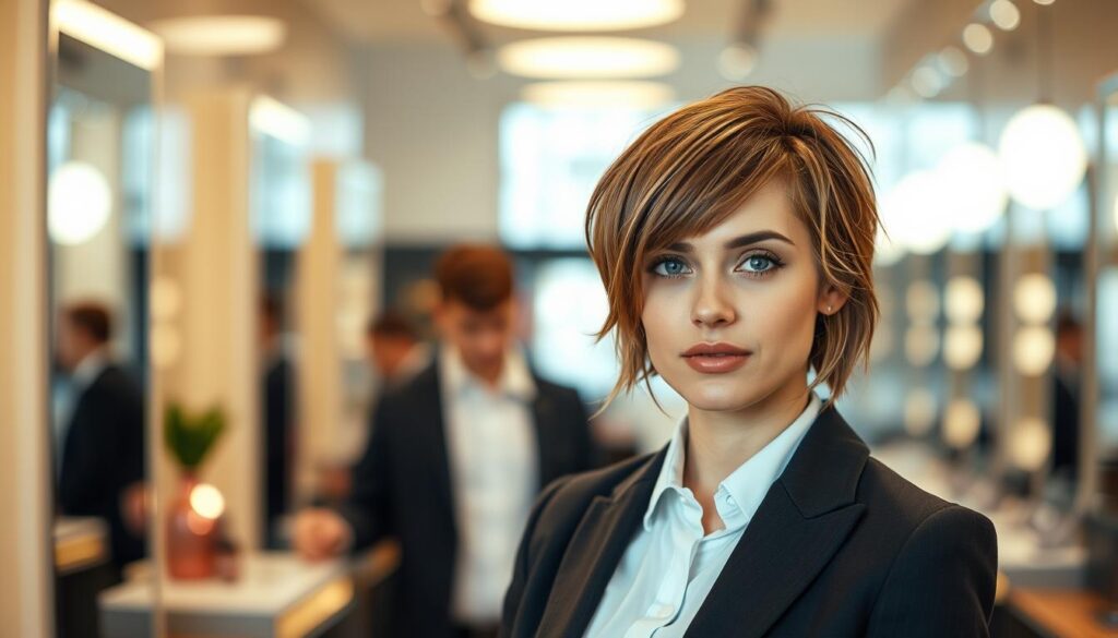 A stylish haircut designed for individuals with high foreheads, featuring soft layers that frame the face and create a more balanced look. The model, a well-groomed person dressed in professional business attire, is standing in a bright, modern salon with sleek mirrors and trendy decor. The lighting is warm and inviting, highlighting the texture and movement of the hair. The focus is on the haircut, showcasing how it gently reduces the appearance of the forehead while providing a fashionable silhouette. The background is softly blurred to emphasize the haircut, capturing a fresh and confident vibe that resonates with contemporary hairstyling trends. A stylish haircut designed for individuals with high foreheads, featuring soft layers that frame the face and create a more balanced look. The model, a well-groomed person dressed in professional business attire, is standing in a bright, modern salon with sleek mirrors and trendy decor. The lighting is warm and inviting, highlighting the texture and movement of the hair. The focus is on the haircut, showcasing how it gently reduces the appearance of the forehead while providing a fashionable silhouette. The background is softly blurred to emphasize the haircut, capturing a fresh and confident vibe that resonates with contemporary hairstyling trends.