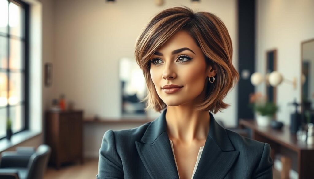 A stylish haircut for a square face shape, featuring a woman with shoulder-length hair, presenting a soft, layered cut that frames her jawline elegantly. The hairstyle is voluminous at the crown, with slightly curled ends to soften the angular features. She is dressed in a professional business outfit, showcasing a sophisticated look. The background is a subtle, blurred hair salon, enhancing the focus on the hairstyle. Natural lighting from a large window bathes the scene in warmth, creating a welcoming atmosphere. The camera angle is slightly elevated, capturing the beauty and detail of the haircut while maintaining a clean, polished aesthetic. The overall mood is inspirational and trendy, perfect for showcasing flattering hairstyles. A stylish haircut for a square face shape, featuring a woman with shoulder-length hair, presenting a soft, layered cut that frames her jawline elegantly. The hairstyle is voluminous at the crown, with slightly curled ends to soften the angular features. She is dressed in a professional business outfit, showcasing a sophisticated look. The background is a subtle, blurred hair salon, enhancing the focus on the hairstyle. Natural lighting from a large window bathes the scene in warmth, creating a welcoming atmosphere. The camera angle is slightly elevated, capturing the beauty and detail of the haircut while maintaining a clean, polished aesthetic. The overall mood is inspirational and trendy, perfect for showcasing flattering hairstyles.