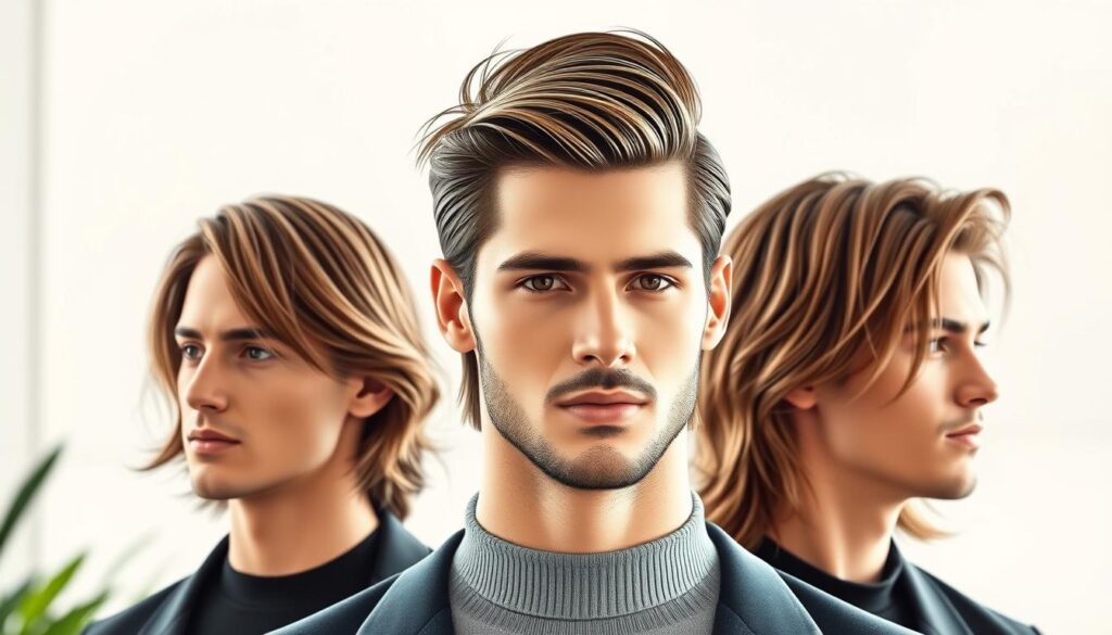 A stylish illustration of long hairstyles for men with oval faces, featuring a range of modern and classic looks. In the foreground, showcase three male models with defined facial features, each sporting distinct long hairstyles that complement their oval face shapes. One model has loose, flowing locks framing his face, another sports a slicked-back style with a slight wave, and the last model has a textured, layered cut. The background should be softly blurred to keep the focus on the hairstyles, with a neutral color palette that enhances their looks. Natural lighting highlights the textures and shine of their hair, while a shallow depth of field adds a professional, polished feel to the image. The mood is confident and relaxed, perfect for a fashion-forward audience.