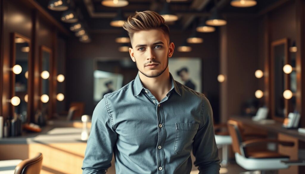 A stylish male model with a trendy haircut for 2023 stands confidently in a modern barbershop setting. His haircut features a sleek fade with textured top - making it perfect for round face shapes. He wears a smart casual outfit, consisting of a fitted button-up shirt and tailored trousers, exuding a contemporary vibe. The barbershop is filled with ambient lighting, highlighting the model’s hair texture and sharp features. The background shows stylish barber tools and mirrors reflecting the chic atmosphere. Capture this scene from a slightly elevated angle to emphasize the haircut while maintaining a warm and inviting mood, focusing on recent men's hairstyle trends for 2023. A stylish male model with a trendy haircut for 2023 stands confidently in a modern barbershop setting. His haircut features a sleek fade with textured top - making it perfect for round face shapes. He wears a smart casual outfit, consisting of a fitted button-up shirt and tailored trousers, exuding a contemporary vibe. The barbershop is filled with ambient lighting, highlighting the model’s hair texture and sharp features. The background shows stylish barber tools and mirrors reflecting the chic atmosphere. Capture this scene from a slightly elevated angle to emphasize the haircut while maintaining a warm and inviting mood, focusing on recent men's hairstyle trends for 2023.