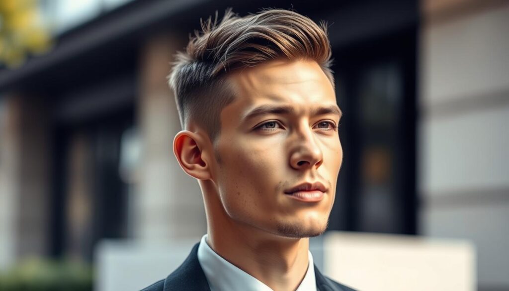 A stylish male with a round face, showcasing a trendy haircut that complements his facial features. He has short sides and slightly longer hair on top, sculpted into a modern, textured style. The lighting is soft and natural, highlighting the contours of his face while creating a warm and inviting atmosphere. The photo is taken from a slight angle to emphasize the hairstyle and facial structure. The background features a blurred urban setting, adding context without distraction, with subtle hints of greenery. The mood is confident and fashionable, perfect for illustrating contemporary men's hairstyles suitable for round faces. The subject is dressed in a smart casual outfit to maintain a professional appearance. A stylish male with a round face, showcasing a trendy haircut that complements his facial features. He has short sides and slightly longer hair on top, sculpted into a modern, textured style. The lighting is soft and natural, highlighting the contours of his face while creating a warm and inviting atmosphere. The photo is taken from a slight angle to emphasize the hairstyle and facial structure. The background features a blurred urban setting, adding context without distraction, with subtle hints of greenery. The mood is confident and fashionable, perfect for illustrating contemporary men's hairstyles suitable for round faces. The subject is dressed in a smart casual outfit to maintain a professional appearance.