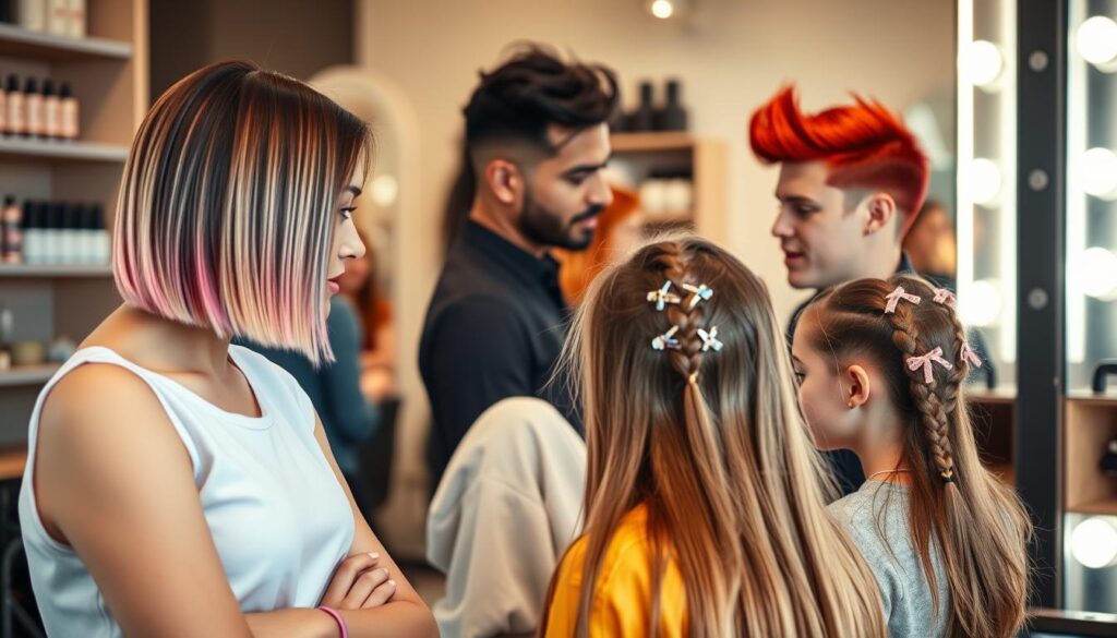 A stylish, modern hair salon setting featuring a diverse group of individuals showcasing trendy hairstyles of the season. In the foreground, a young woman with a sleek bob haircut dyed in pastel colors, confidently gazes into a mirror while adjusting her look. To her right, a man with a playful quiff hairstyle is chatting with a friend, displaying vibrant highlights. In the middle ground, a stylist is expertly braiding a teenage girl's long hair adorned with subtle decorative clips. The background includes shelves filled with hair products and bright, soft lighting enhancing the chic atmosphere. The image captures a warm, inviting mood, emphasizing creativity and self-expression in hairstyling. The perspective is slightly elevated, focusing on the hairstyles while subtly framing the salon environment. A stylish, modern hair salon setting featuring a diverse group of individuals showcasing trendy hairstyles of the season. In the foreground, a young woman with a sleek bob haircut dyed in pastel colors, confidently gazes into a mirror while adjusting her look. To her right, a man with a playful quiff hairstyle is chatting with a friend, displaying vibrant highlights. In the middle ground, a stylist is expertly braiding a teenage girl's long hair adorned with subtle decorative clips. The background includes shelves filled with hair products and bright, soft lighting enhancing the chic atmosphere. The image captures a warm, inviting mood, emphasizing creativity and self-expression in hairstyling. The perspective is slightly elevated, focusing on the hairstyles while subtly framing the salon environment.