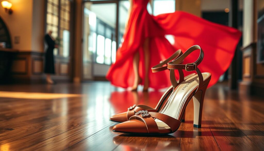 A stylish pair of high heels in a soft, elegant design, perfectly paired with a vibrant red dress. The foreground features the heels on a polished wooden floor, showcasing their glossy finish and unique details like straps and embellishments. In the middle ground, a mannequin dressed in a flowing red dress complements the heels, adding a pop of color to the scene. The background is softly blurred to bring focus to the heels and the dress, with warm lighting enhancing the luxurious feel. The atmosphere is sophisticated and inviting, evoking a sense of fashion elegance and timeless style, perfect for a chic night out. The setting is bright, with natural light streaming in, creating soft shadows and highlights. A stylish pair of high heels in a soft, elegant design, perfectly paired with a vibrant red dress. The foreground features the heels on a polished wooden floor, showcasing their glossy finish and unique details like straps and embellishments. In the middle ground, a mannequin dressed in a flowing red dress complements the heels, adding a pop of color to the scene. The background is softly blurred to bring focus to the heels and the dress, with warm lighting enhancing the luxurious feel. The atmosphere is sophisticated and inviting, evoking a sense of fashion elegance and timeless style, perfect for a chic night out. The setting is bright, with natural light streaming in, creating soft shadows and highlights.