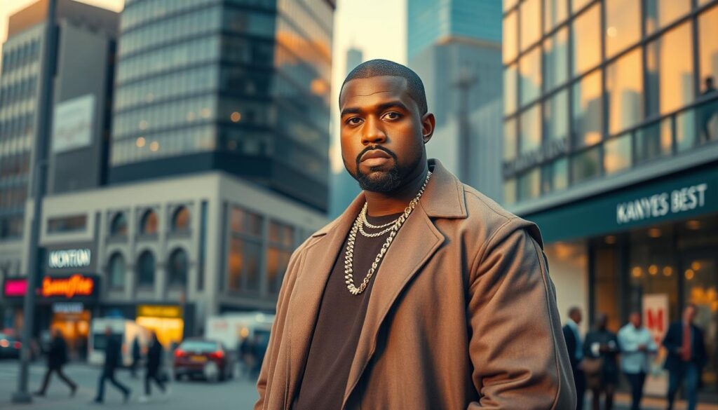 A stylish portrait of Kanye West, standing confidently in a modern urban setting that reflects his influence in the fashion industry. He is dressed in sleek, high-end streetwear, featuring a mix of muted colors and bold accessories. His expression is focused and visionary, illustrating his role as a designer. In the foreground, showcase a textured fabric swatch that hints at his innovative designs. The middle ground includes bustling city life with subtle hints of fashion boutiques, while the background boasts an artistic skyline, bathed in warm golden hour lighting that adds richness. The image should evoke a sense of ambition and creativity, with a professional and polished atmosphere, capturing the essence of Kanye West's impact on the fashion world. Use a slight tilt-angle to create dynamism, emphasizing his stature in the field.