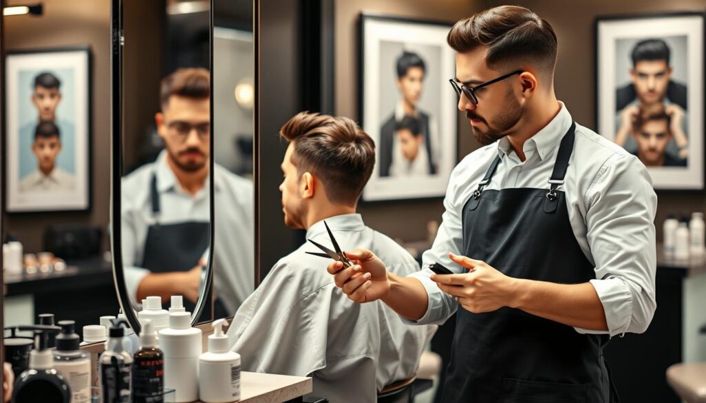 A stylish, professional male hairstylist, dressed in a crisp white shirt and black apron, stands in a chic barbershop. He is holding a pair of scissors and examining a polished mirror reflecting an oval-shaped male face. The foreground features hair products neatly arranged on a countertop. In the middle, the stylist is engaging with a well-groomed client whose hair is in the process of being styled to compliment his oval face shape. The background showcases a modern barber station with framed inspirational haircut photos and soft, warm lighting that creates an inviting atmosphere. The overall mood is focused yet relaxed, illustrating the art of choosing the right hairstyle for a specific face shape in a trendy setting.