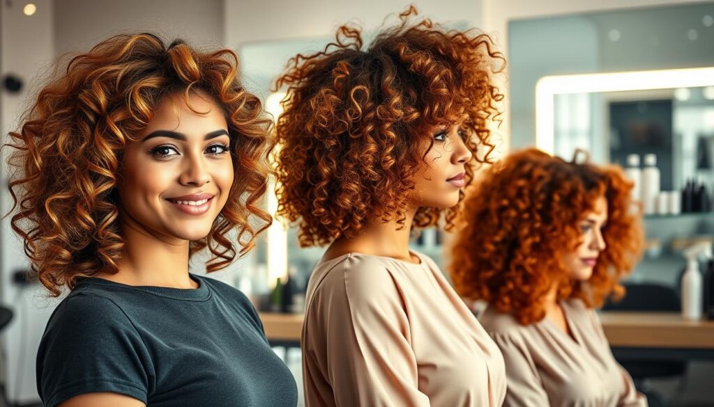 A stylish salon setting with a focus on three women showcasing trendy curly hairstyles. In the foreground, a vibrant young woman with voluminous, bouncy curls highlighted with warm golden hues, dressed in a chic casual top. Beside her, another woman flaunts a neatly defined curly bob, displaying rich auburn tones, while wearing a modern, elegant blouse. In the background, a softly lit, contemporary salon mirror reflects an array of hair products and tools, adding depth to the scene. The atmosphere is bright and inviting, suggesting creativity and fashion. Use soft, natural lighting to accentuate hair texture, and capture the image from a slight angle to add interest. A stylish salon setting with a focus on three women showcasing trendy curly hairstyles. In the foreground, a vibrant young woman with voluminous, bouncy curls highlighted with warm golden hues, dressed in a chic casual top. Beside her, another woman flaunts a neatly defined curly bob, displaying rich auburn tones, while wearing a modern, elegant blouse. In the background, a softly lit, contemporary salon mirror reflects an array of hair products and tools, adding depth to the scene. The atmosphere is bright and inviting, suggesting creativity and fashion. Use soft, natural lighting to accentuate hair texture, and capture the image from a slight angle to add interest.