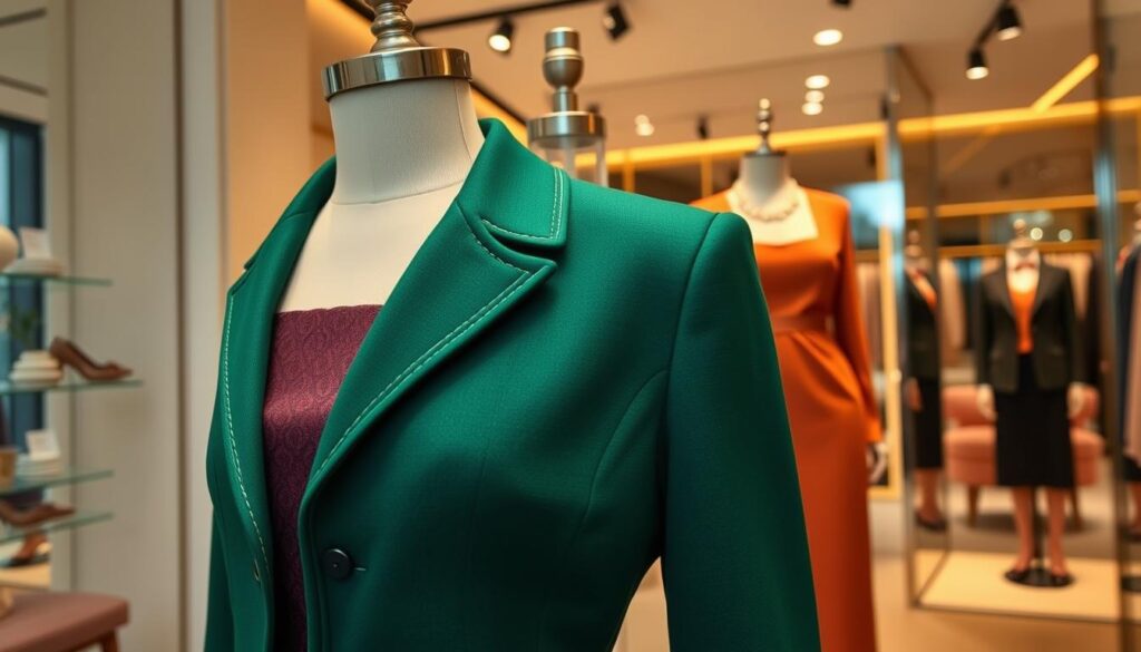 A stylish, tailored jacket in rich bottle green, gracefully layered over an elegant dress of a contrasting color, displayed prominently in a chic, modern setting. The foreground features the jacket with intricate stitching details and a fitted silhouette, accentuating its sophistication. In the middle ground, a mannequin elegantly showcases the ensemble alongside complementary accessories, like a delicate necklace and matching heels. The background hints at a sleek boutique atmosphere with soft, warm lighting that highlights the textures of the fabric. The scene captures an essence of refinement and timeless elegance, evoking a sense of confidence and style, perfect for formal occasions or professional events. The angle is slightly elevated to give a full view of the outfit while maintaining focus on the vibrant hues and design details. A stylish, tailored jacket in rich bottle green, gracefully layered over an elegant dress of a contrasting color, displayed prominently in a chic, modern setting. The foreground features the jacket with intricate stitching details and a fitted silhouette, accentuating its sophistication. In the middle ground, a mannequin elegantly showcases the ensemble alongside complementary accessories, like a delicate necklace and matching heels. The background hints at a sleek boutique atmosphere with soft, warm lighting that highlights the textures of the fabric. The scene captures an essence of refinement and timeless elegance, evoking a sense of confidence and style, perfect for formal occasions or professional events. The angle is slightly elevated to give a full view of the outfit while maintaining focus on the vibrant hues and design details.