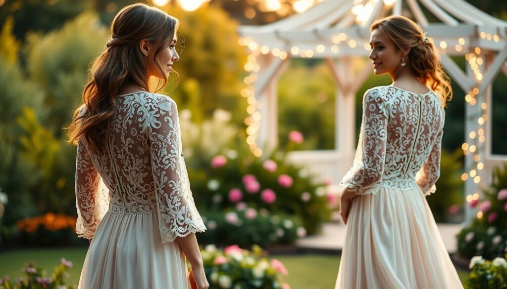 A stylish wedding cover-up for women, draped elegantly over a beautiful gown. The foreground features a model showcasing a chic bolero jacket made of delicate lace, with long sleeves and intricate floral patterns. Her outfit is complemented by a flowing, knee-length dress in soft pastel colors, perfect for a wedding setting. In the middle ground, a softly lit outdoor garden scene with lush greenery and blooming flowers adds a romantic ambiance. The background includes soft-focus twinkling fairy lights strung across a gazebo, enhancing the enchanting atmosphere. The lighting is warm and inviting, capturing a golden hour glow. The composition should evoke a sense of elegance and celebration, embodying the essence of wedding attire. A stylish wedding cover-up for women, draped elegantly over a beautiful gown. The foreground features a model showcasing a chic bolero jacket made of delicate lace, with long sleeves and intricate floral patterns. Her outfit is complemented by a flowing, knee-length dress in soft pastel colors, perfect for a wedding setting. In the middle ground, a softly lit outdoor garden scene with lush greenery and blooming flowers adds a romantic ambiance. The background includes soft-focus twinkling fairy lights strung across a gazebo, enhancing the enchanting atmosphere. The lighting is warm and inviting, capturing a golden hour glow. The composition should evoke a sense of elegance and celebration, embodying the essence of wedding attire.