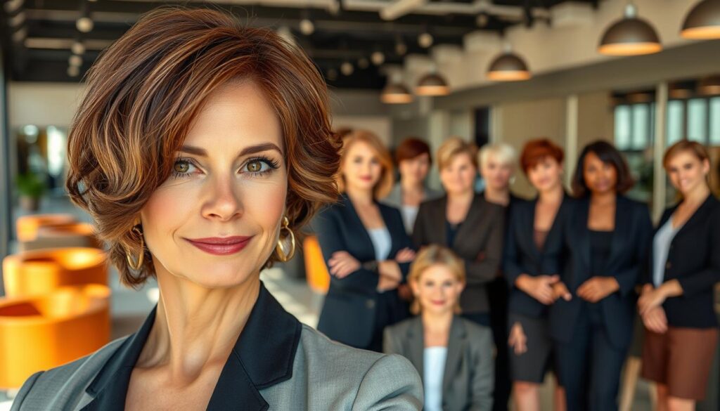 A stylish woman in her 50s with a confident demeanor, showcasing trendy hairstyles that are both modern and flattering. In the foreground, capture her with a short, layered bob that subtly frames her face, combined with soft waves for a youthful touch. Her hair is a rich chestnut brown with subtle highlights, enhancing its texture. In the middle ground, display a variety of women of similar age, each with different fashionable hairstyles like chic pixie cuts and elegant updos, all dressed in professional business attire. The background should feature a well-lit, contemporary salon with sleek furniture and warm, inviting colors. The overall mood is empowering and vibrant, emphasizing elegance and the beauty of aging gracefully. Ensure natural, soft lighting to enhance the features of the women and create an uplifting atmosphere. A stylish woman in her 50s with a confident demeanor, showcasing trendy hairstyles that are both modern and flattering. In the foreground, capture her with a short, layered bob that subtly frames her face, combined with soft waves for a youthful touch. Her hair is a rich chestnut brown with subtle highlights, enhancing its texture. In the middle ground, display a variety of women of similar age, each with different fashionable hairstyles like chic pixie cuts and elegant updos, all dressed in professional business attire. The background should feature a well-lit, contemporary salon with sleek furniture and warm, inviting colors. The overall mood is empowering and vibrant, emphasizing elegance and the beauty of aging gracefully. Ensure natural, soft lighting to enhance the features of the women and create an uplifting atmosphere.