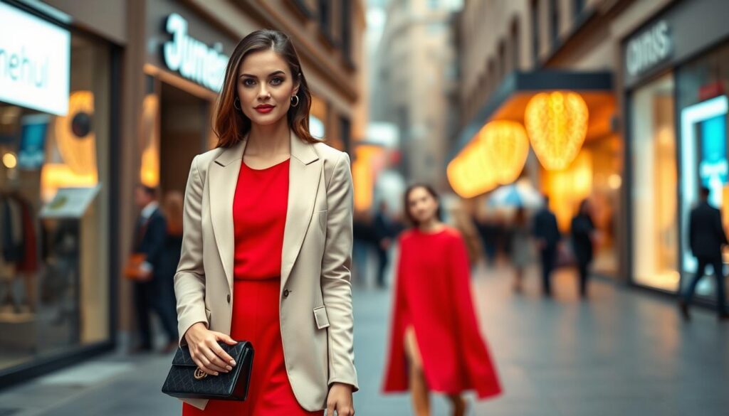 A stylish woman wearing a tailored blazer over a vibrant red dress stands confidently in a chic urban setting. In the foreground, the woman exudes grace, with her hair neatly styled and minimal accessories. The blazer is a soft beige, complementing the red dress beautifully. In the middle ground, there are stylish elements like an elegant handbag and high-heeled shoes that enhance the sophisticated look. The background features a blurred city street with fashionable storefronts and warm, inviting lighting that creates an uplifting atmosphere. The scene captures the essence of wearing a blazer with a red dress for various occasions, reflecting a sense of elegance and versatility. The composition is in a portrait orientation, with a soft focus on the woman, emphasizing her as the focal point of the image. A stylish woman wearing a tailored blazer over a vibrant red dress stands confidently in a chic urban setting. In the foreground, the woman exudes grace, with her hair neatly styled and minimal accessories. The blazer is a soft beige, complementing the red dress beautifully. In the middle ground, there are stylish elements like an elegant handbag and high-heeled shoes that enhance the sophisticated look. The background features a blurred city street with fashionable storefronts and warm, inviting lighting that creates an uplifting atmosphere. The scene captures the essence of wearing a blazer with a red dress for various occasions, reflecting a sense of elegance and versatility. The composition is in a portrait orientation, with a soft focus on the woman, emphasizing her as the focal point of the image.
