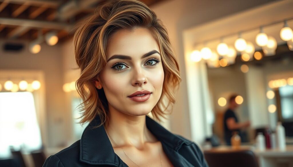 A stylish woman with a heart-shaped face is featured prominently in the foreground, showcasing a trendy hairstyle that complements her features. Her hair is softly layered, with volume at the crown and gentle waves that cascade down the sides, enhancing her cheekbones. The middle ground displays a softly blurred, elegant salon environment with modern decor and warm lighting, creating a welcoming atmosphere. The background hints at styling tools and a large mirror reflecting the beauty of the scene. The lighting is soft and natural, with a warm glow that highlights the subject's face, enhancing her fresh makeup. The overall mood is uplifting and fashionable, suitable for a magazine cover or beauty article. The image should be free from any captions or text elements. A stylish woman with a heart-shaped face is featured prominently in the foreground, showcasing a trendy hairstyle that complements her features. Her hair is softly layered, with volume at the crown and gentle waves that cascade down the sides, enhancing her cheekbones. The middle ground displays a softly blurred, elegant salon environment with modern decor and warm lighting, creating a welcoming atmosphere. The background hints at styling tools and a large mirror reflecting the beauty of the scene. The lighting is soft and natural, with a warm glow that highlights the subject's face, enhancing her fresh makeup. The overall mood is uplifting and fashionable, suitable for a magazine cover or beauty article. The image should be free from any captions or text elements.