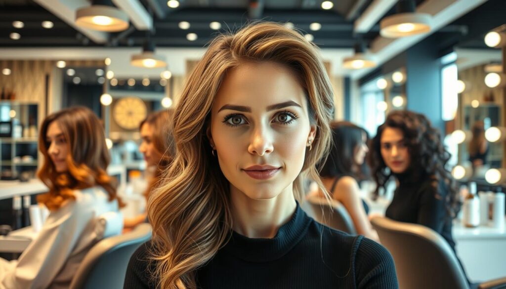 A stylish woman with a long face shape is seated in a well-lit, modern hair salon, showcasing various hairstyles suited for long faces. In the foreground, diverse hairstyles such as soft waves, layered cuts, and voluminous curls frame her face harmoniously, emphasizing her features beautifully. In the middle, hair styling tools and products are neatly arranged, suggesting a professional environment. The background displays elegant decor and large mirrors reflecting the bright, warm lighting that enhances the ambiance. The overall mood is confident and inspiring, ideal for someone seeking hairstyle inspiration. A close-up angle captures the intricate details of each hairstyle, while the composition keeps the focus on the face and hair, with no distracting elements.