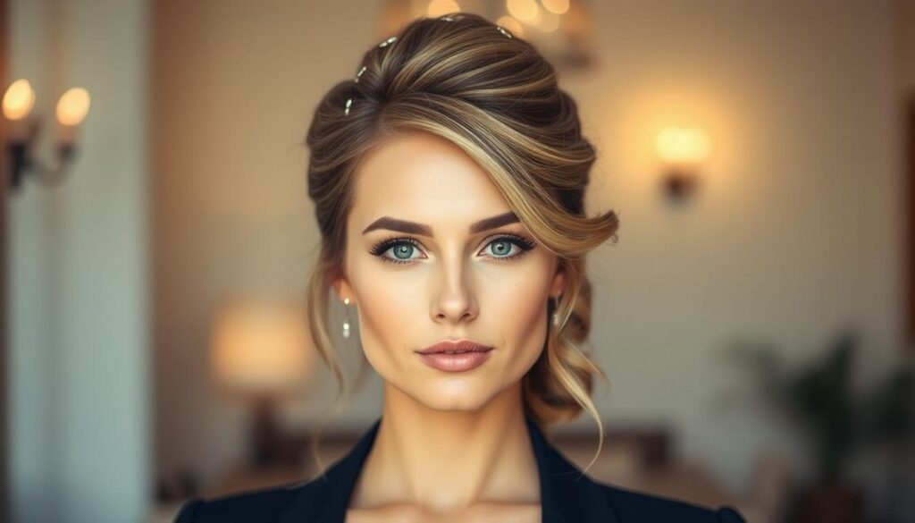 A stylish woman with an elegant updo hairstyle, showcasing the best haircuts for high foreheads. She has a confident expression, and her hair is neatly arranged, emphasizing her facial features. The foreground focuses on her hairstyle, highlighting layers and texture, complemented by soft, natural waves. The middle ground includes subtle accessories like hairpins that enhance the elegance of the hairstyle. The background is a softly blurred, light-toned interior, creating a warm and inviting atmosphere. The lighting is soft and diffused, illuminating her face without harsh shadows, adding a touch of sophistication. The overall mood is empowering and stylish, perfect for showcasing ideal hairstyles for women with high foreheads.