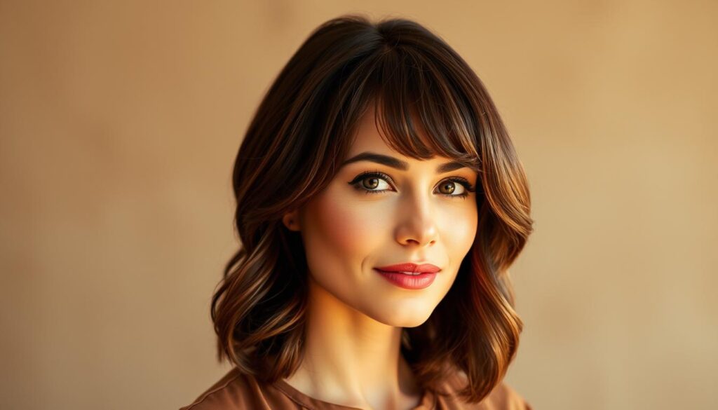 A stylish woman with an oval face, showcasing a flattering haircut that enhances her facial features. She has medium-length hair that is elegantly layered, softly framing her face with gentle waves. Her hair color is a rich chestnut brown, catching the warm, soft lighting. The portrait is taken from a mid-shot angle, focusing on her upper body and face against a blurred, neutral-toned background to emphasize her hairstyle. The mood is serene and confident, highlighting how this particular hairstyle complements her oval face shape. The lighting is warm and natural, casting soft shadows that enhance the texture of her hair. The subject is dressed in a smart casual blouse, exuding a professional yet approachable vibe. A stylish woman with an oval face, showcasing a flattering haircut that enhances her facial features. She has medium-length hair that is elegantly layered, softly framing her face with gentle waves. Her hair color is a rich chestnut brown, catching the warm, soft lighting. The portrait is taken from a mid-shot angle, focusing on her upper body and face against a blurred, neutral-toned background to emphasize her hairstyle. The mood is serene and confident, highlighting how this particular hairstyle complements her oval face shape. The lighting is warm and natural, casting soft shadows that enhance the texture of her hair. The subject is dressed in a smart casual blouse, exuding a professional yet approachable vibe.
