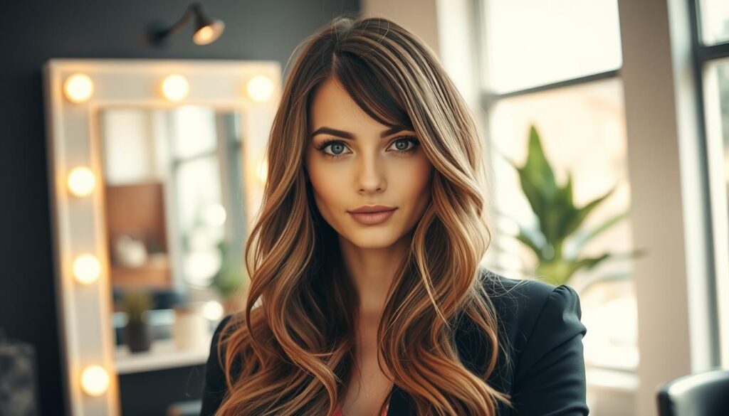 A stylish woman with long, wavy hair, elegantly styled without bangs, stands confidently in a well-lit, modern salon. The foreground highlights her face, showcasing her high forehead and gentle features, framed by cascading locks that drape over her shoulders, softening her facial structure. The middle ground includes a chic salon mirror reflecting the ambiance of the space, adorned with plants and contemporary decor. The background is subtly blurred to emphasize the woman while maintaining a sophisticated atmosphere. Natural light streams through large windows, creating a warm and inviting feel. The woman's attire is smart casual, radiating professionalism while complementing her hairstyle. The overall mood is empowering and uplifting, capturing the essence of how hairstyle can enhance confidence.