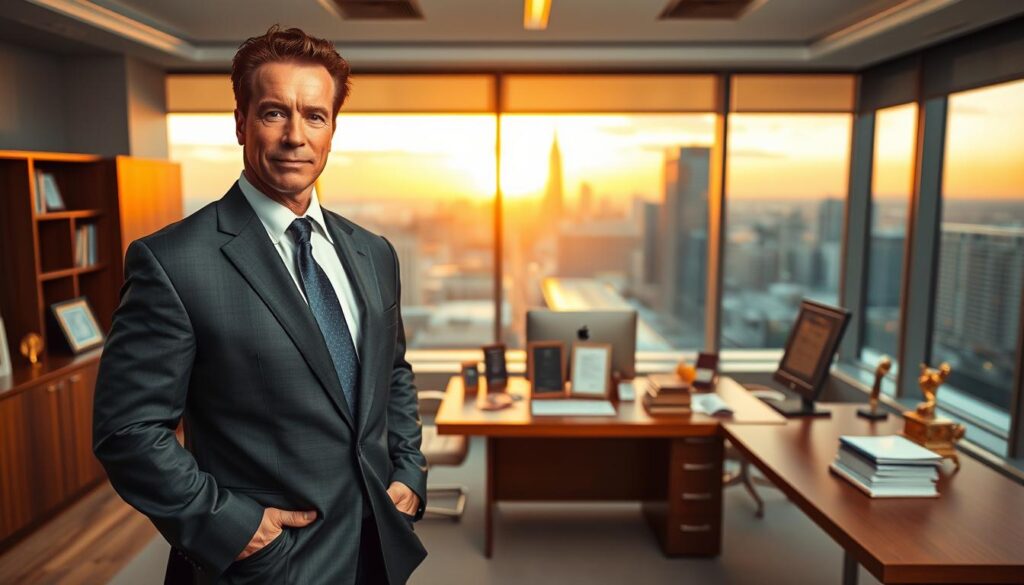 A successful Arnold Schwarzenegger stands confidently in a modern office, dressed in a sharp business suit that reflects his iconic persona. In the foreground, emphasize his charismatic expression, showcasing determination and success. The middle ground includes a sleek wooden desk, stacked with financial documents, and various awards highlighting his accomplishments in both film and business. The background features floor-to-ceiling windows displaying a vibrant city skyline, under a warm, golden sunset that casts a motivational glow throughout the scene. Soft, diffused lighting enhances the professionalism of the setting, captured with a slight low-angle perspective to add an inspiring and heroic feel to the composition. The atmosphere is one of achievement and prosperity, embodying the essence of business success. A successful Arnold Schwarzenegger stands confidently in a modern office, dressed in a sharp business suit that reflects his iconic persona. In the foreground, emphasize his charismatic expression, showcasing determination and success. The middle ground includes a sleek wooden desk, stacked with financial documents, and various awards highlighting his accomplishments in both film and business. The background features floor-to-ceiling windows displaying a vibrant city skyline, under a warm, golden sunset that casts a motivational glow throughout the scene. Soft, diffused lighting enhances the professionalism of the setting, captured with a slight low-angle perspective to add an inspiring and heroic feel to the composition. The atmosphere is one of achievement and prosperity, embodying the essence of business success.
