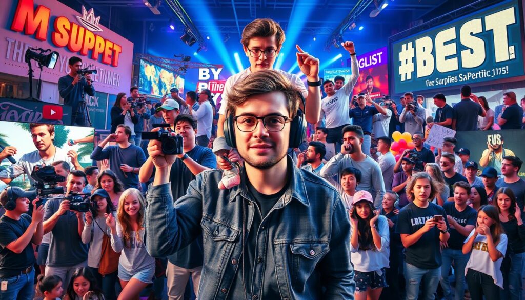 A vibrant and engaging collage showcasing various types of content created by MrBeast, set against a dynamic backdrop of his popular YouTube settings. In the foreground, prominently display scenes of MrBeast filming high-stakes challenges, philanthropic giveaways, and elaborate stunts, with him and participants dressed in casual yet stylish clothing. In the middle ground, capture his diverse audience, including excited fans watching the action, reflecting a sense of joy and excitement. In the background, integrate visual elements representing surprise giveaways, large cash prizes, and engaging activities, with bright, colorful lighting that conveys a fun and energetic atmosphere. Use a slightly elevated angle to provide a comprehensive view of the scene, enhancing depth and making it visually striking.