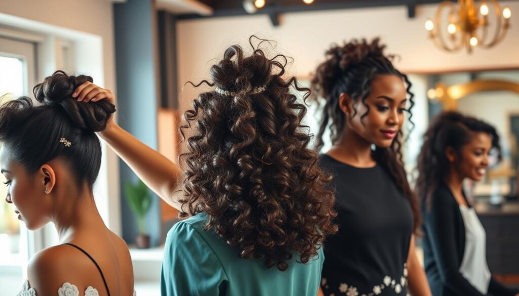 A vibrant indoor setting showcasing various hairstyles for curly hair, featuring three stylish women with different curl patterns. In the foreground, a woman with defined, voluminous curls is elegantly tying her hair into a chic updo, while another demonstrates loose, cascading curls adorned with delicate hair accessories. The third woman, with tighter ringlets, is playfully twisting her curls into a half-up hairstyle. Soft, natural light filters through a nearby window, creating a warm ambiance and enhancing the texture of their hair. The background features a softly blurred salon environment with stylish decor, adding a professional yet inviting atmosphere. The image exudes creativity and inspiration, perfect for showcasing diverse styling options for curly hair on various occasions. A vibrant indoor setting showcasing various hairstyles for curly hair, featuring three stylish women with different curl patterns. In the foreground, a woman with defined, voluminous curls is elegantly tying her hair into a chic updo, while another demonstrates loose, cascading curls adorned with delicate hair accessories. The third woman, with tighter ringlets, is playfully twisting her curls into a half-up hairstyle. Soft, natural light filters through a nearby window, creating a warm ambiance and enhancing the texture of their hair. The background features a softly blurred salon environment with stylish decor, adding a professional yet inviting atmosphere. The image exudes creativity and inspiration, perfect for showcasing diverse styling options for curly hair on various occasions.