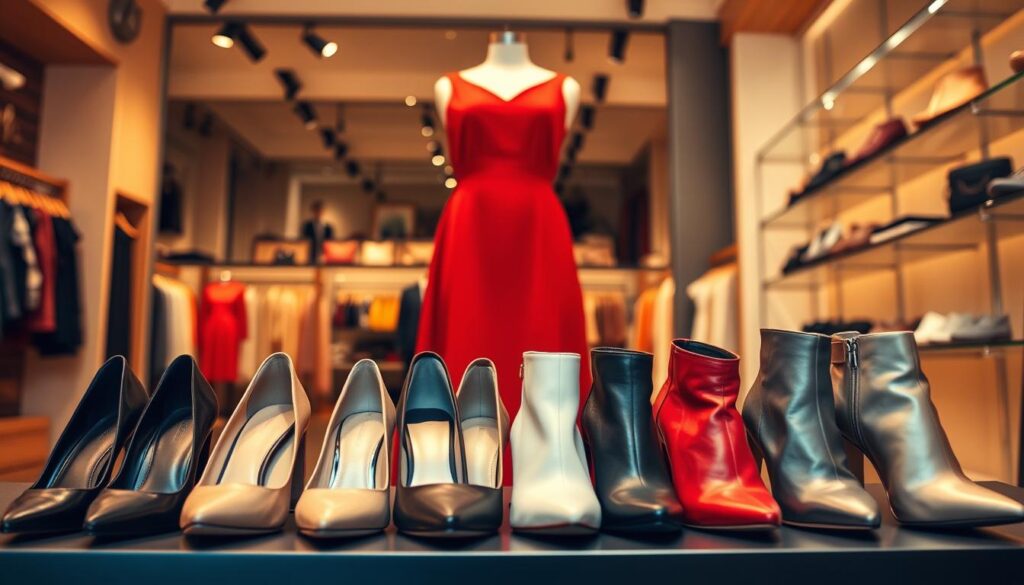A vibrant red dress elegantly displayed on a mannequin against a soft, blurred background of a fashionable boutique. In the foreground, a range of stylish shoes in various colors is artfully arranged, including classic black stilettos, chic nude pumps, bold white ankle boots, and sophisticated metallic heels. The scene is well-lit with warm, inviting lighting to create a cozy atmosphere that highlights the textures and colors of the shoes. The focus should capture the interplay of the red dress and the complementary colors of the shoes, showcasing the harmony and contrast between them. The angle is slightly above eye level, creating a dynamic view that draws attention to this stylish ensemble without any text or distracting elements. A vibrant red dress elegantly displayed on a mannequin against a soft, blurred background of a fashionable boutique. In the foreground, a range of stylish shoes in various colors is artfully arranged, including classic black stilettos, chic nude pumps, bold white ankle boots, and sophisticated metallic heels. The scene is well-lit with warm, inviting lighting to create a cozy atmosphere that highlights the textures and colors of the shoes. The focus should capture the interplay of the red dress and the complementary colors of the shoes, showcasing the harmony and contrast between them. The angle is slightly above eye level, creating a dynamic view that draws attention to this stylish ensemble without any text or distracting elements.