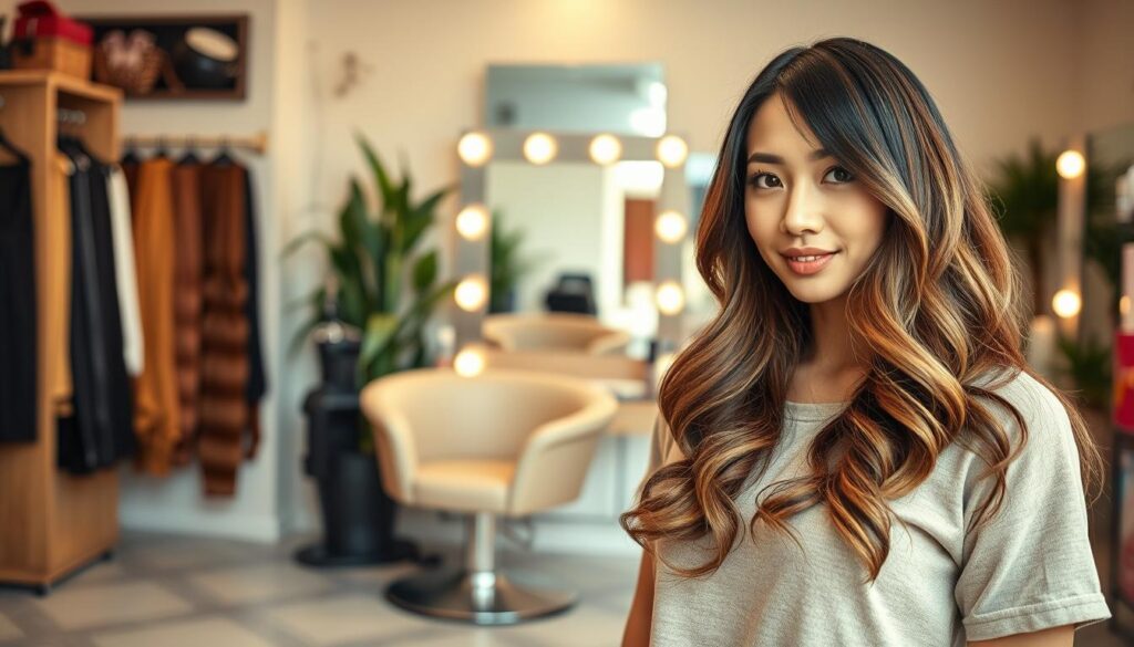 A vibrant, stylish hair salon interior featuring a variety of hair extensions on display. In the foreground, a model with a round face is showcasing elegant, long, wavy hair extensions, styled to create a flattering silhouette. The model is dressed in modest casual clothing, radiating confidence and charm. The middle ground includes an elegantly designed salon chair and a large mirror reflecting soft, warm lighting that enhances the rich textures of the hair. The background consists of chic decor, including potted plants and hair care products, adding a touch of sophistication. The atmosphere is lively yet relaxed, capturing the transformative power of hair extensions, emphasizing versatility and style without compromising professionalism. A vibrant, stylish hair salon interior featuring a variety of hair extensions on display. In the foreground, a model with a round face is showcasing elegant, long, wavy hair extensions, styled to create a flattering silhouette. The model is dressed in modest casual clothing, radiating confidence and charm. The middle ground includes an elegantly designed salon chair and a large mirror reflecting soft, warm lighting that enhances the rich textures of the hair. The background consists of chic decor, including potted plants and hair care products, adding a touch of sophistication. The atmosphere is lively yet relaxed, capturing the transformative power of hair extensions, emphasizing versatility and style without compromising professionalism.