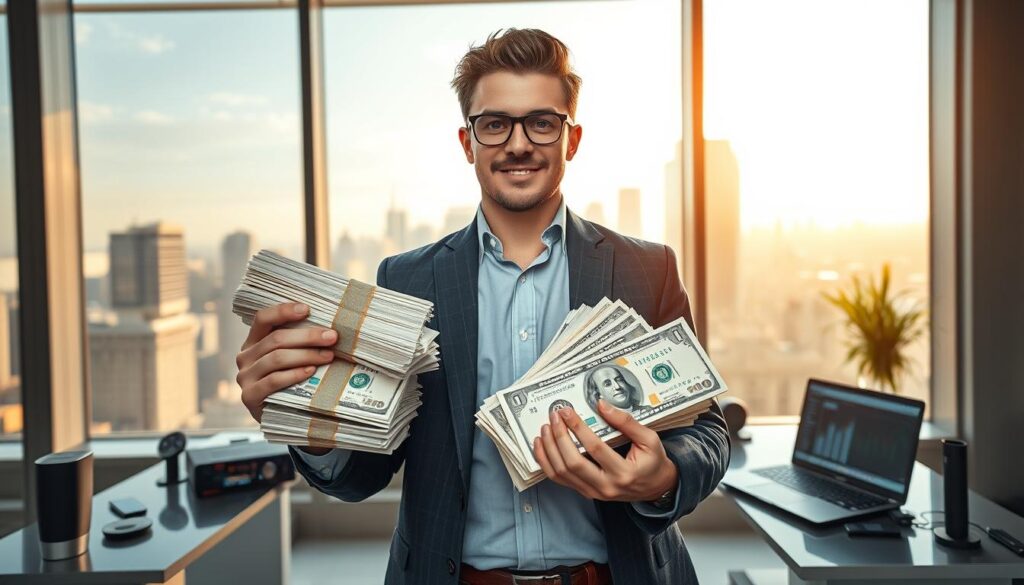 A visually compelling scene featuring MrBeast, portrayed as a successful businessman in smart casual attire, standing in a modern office environment. In the foreground, he holds a large stack of money or a digital earnings display, showcasing his wealth. The middle ground should highlight a sleek desk with high-tech gadgets and a laptop displaying analytics, emphasizing his entrepreneurial success. In the background, large windows reveal a city skyline, with a bright, sunny atmosphere filtering in soft golden light. The angle is slightly upward, conveying a sense of aspiration and achievement. The overall mood should be inspirational and professional, suggesting the enormity of MrBeast's earnings and impact as the leading YouTuber in the world.