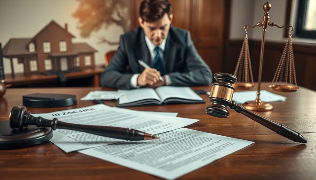 A visually striking image representing the concept of "prawo do zachowku" (the right to a forced heirship) in a legal context. In the foreground, an elegant wooden table scattered with legal documents, a gavel, and a classic scale of justice, symbolizing fairness and law. In the middle ground, a thoughtful lawyer in professional attire, looking at the documents with a serious expression, holding a pen poised to write, reflecting the notion of legal claims. The background features soft-focus images of a family home and a faint outline of a family tree, suggesting inheritance and legacy. The scene is illuminated by warm, natural light streaming in from a window, creating a sense of hope and clarity, while maintaining a professional atmosphere conducive to serious discussion on inheritance rights.