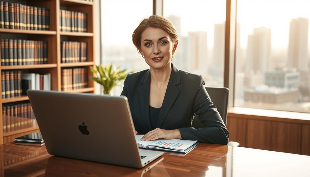 A well-dressed female politician, resembling Hanna Suchocka, is seated at a polished wooden desk in a modern office. She wears a tailored navy suit, exuding professionalism and confidence. In the foreground, a sleek laptop with financial charts is open, symbolizing her political career and financial analysis. The middle ground features shelves filled with books on governance and economics, indicating her expertise. The background showcases a large window with cityscape views, bathed in warm afternoon light that creates a subtle, hopeful atmosphere. Use a soft focus on the background to emphasize her and give the scene a polished, professional look. The overall mood is one of determination and intelligence, reflecting a deep focus on financial stability and political achievements. A well-dressed female politician, resembling Hanna Suchocka, is seated at a polished wooden desk in a modern office. She wears a tailored navy suit, exuding professionalism and confidence. In the foreground, a sleek laptop with financial charts is open, symbolizing her political career and financial analysis. The middle ground features shelves filled with books on governance and economics, indicating her expertise. The background showcases a large window with cityscape views, bathed in warm afternoon light that creates a subtle, hopeful atmosphere. Use a soft focus on the background to emphasize her and give the scene a polished, professional look. The overall mood is one of determination and intelligence, reflecting a deep focus on financial stability and political achievements.