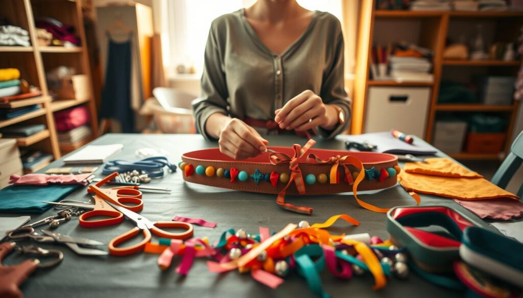 A well-organized DIY workspace featuring a table with colorful materials for creating a decorative belt. In the foreground, there are various crafting tools like scissors, needles, and colorful fabrics neatly arranged, with a halfway completed belt embellished with ribbons and beads. The middle layer showcases a pair of hands meticulously sewing the decorative elements onto the belt, clad in modest casual clothing. In the background, shelves hold additional crafting supplies, and a soft, warm light filters through a nearby window, creating a cozy and inviting atmosphere. The overall mood is creative and inspiring, capturing the essence of a hands-on crafting project. A well-organized DIY workspace featuring a table with colorful materials for creating a decorative belt. In the foreground, there are various crafting tools like scissors, needles, and colorful fabrics neatly arranged, with a halfway completed belt embellished with ribbons and beads. The middle layer showcases a pair of hands meticulously sewing the decorative elements onto the belt, clad in modest casual clothing. In the background, shelves hold additional crafting supplies, and a soft, warm light filters through a nearby window, creating a cozy and inviting atmosphere. The overall mood is creative and inspiring, capturing the essence of a hands-on crafting project.