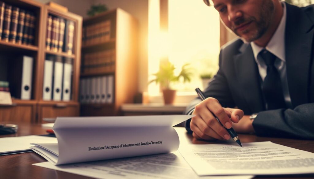 A well-organized office desk viewed from a slight angle, featuring a neatly arranged collection of legal documents related to inheritance, including a highlighted "Declaration of Acceptance of Inheritance with Benefit of Inventory." In the foreground, a professional individual, dressed in business attire, is thoughtfully reviewing these documents, with a pen in hand, focused on their task. A warm, natural light filters in through a window in the background, illuminating the scene and creating a calm, serious atmosphere. The middle ground includes a bookshelf filled with law books and a decorative plant, enhancing the professionalism of the setting. The overall mood is one of contemplation and thoroughness, reflecting the gravity of dealing with inheritance matters.