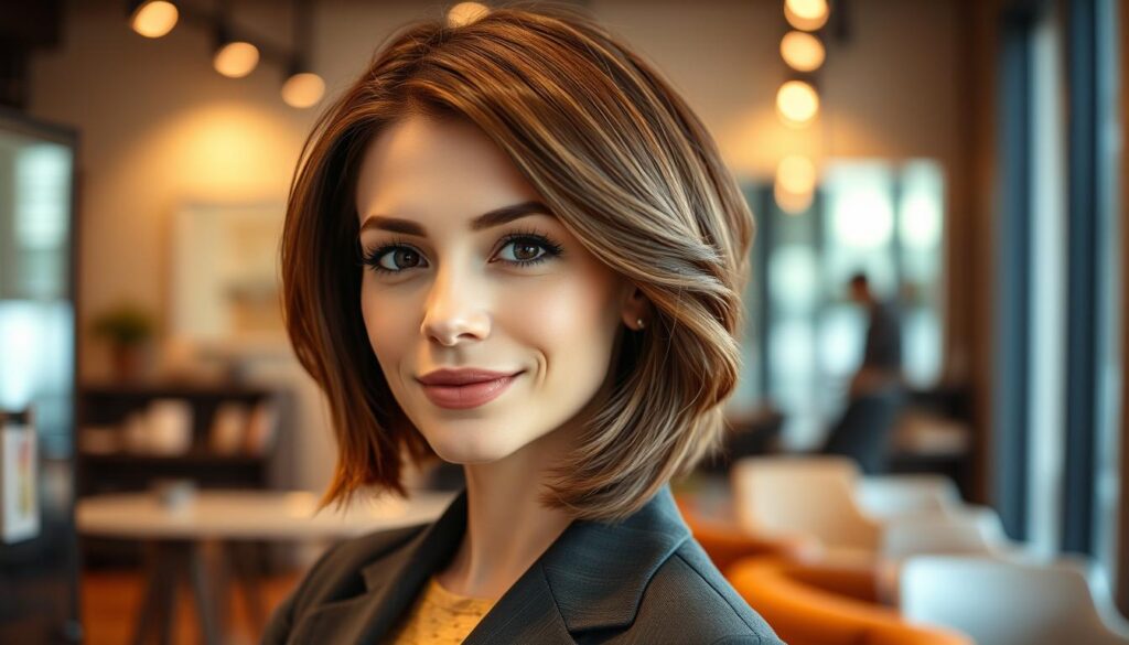 A woman with an elongated face is the main subject, displaying stylish haircuts that flatter her features. She is dressed in professional business attire, showcasing soft, natural makeup that enhances her beauty. Her hair is styled in a sleek bob and soft waves, with colors that complement her skin tone—think rich chestnut browns and warm caramel highlights. The background should be a modern salon, softly lit with warm, inviting light. The focus is on her face and hair, using a slight depth of field to softly blur the background, drawing attention to her expression and hairstyle. The atmosphere exudes confidence and elegance, illustrating the theme of safe colors and cuts for an elongated face. Capture the mood as inspirational and professional. A woman with an elongated face is the main subject, displaying stylish haircuts that flatter her features. She is dressed in professional business attire, showcasing soft, natural makeup that enhances her beauty. Her hair is styled in a sleek bob and soft waves, with colors that complement her skin tone—think rich chestnut browns and warm caramel highlights. The background should be a modern salon, softly lit with warm, inviting light. The focus is on her face and hair, using a slight depth of field to softly blur the background, drawing attention to her expression and hairstyle. The atmosphere exudes confidence and elegance, illustrating the theme of safe colors and cuts for an elongated face. Capture the mood as inspirational and professional.