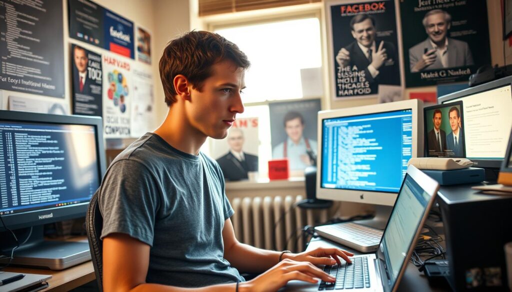A young Mark Zuckerberg in his college dorm room at Harvard, surrounded by computer screens displaying lines of code and social networking concepts. In the foreground, he is seated at a cluttered desk, focused intently on his laptop, wearing a simple gray T-shirt and jeans to reflect a casual, innovative spirit. The middle ground features posters of early tech companies and inspirational figures in technology. The background includes a view of a window with soft, natural daylight streaming in, creating a warm atmosphere that suggests creativity and ambition. The image should evoke a sense of determination and the early days of a technology revolution, with a shallow depth of field to emphasize Zuckerberg's focused expression. A young Mark Zuckerberg in his college dorm room at Harvard, surrounded by computer screens displaying lines of code and social networking concepts. In the foreground, he is seated at a cluttered desk, focused intently on his laptop, wearing a simple gray T-shirt and jeans to reflect a casual, innovative spirit. The middle ground features posters of early tech companies and inspirational figures in technology. The background includes a view of a window with soft, natural daylight streaming in, creating a warm atmosphere that suggests creativity and ambition. The image should evoke a sense of determination and the early days of a technology revolution, with a shallow depth of field to emphasize Zuckerberg's focused expression.