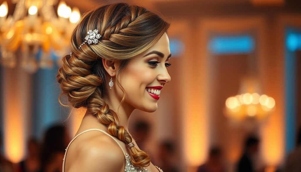 An elegantly styled evening hairstyle displayed on a model in modest, stylish attire. The foreground showcases a close-up of the hair, featuring intricate braids, soft curls, and sparkling hair accessories that add charm. In the middle, the model’s joyful expression reflects confidence, with a soft smile that enhances the elegance of the hairstyle. The background is softly blurred with warm, ambient lighting that creates a luxurious atmosphere, reminiscent of a glamorous event. Use a shallow depth of field to focus on the hair details while subtly hinting at an elegant setting, perhaps with faint silhouettes of chandeliers or evening décor. The overall mood is one of sophistication and celebration, perfect for inspiring special occasion hairstyles. An elegantly styled evening hairstyle displayed on a model in modest, stylish attire. The foreground showcases a close-up of the hair, featuring intricate braids, soft curls, and sparkling hair accessories that add charm. In the middle, the model’s joyful expression reflects confidence, with a soft smile that enhances the elegance of the hairstyle. The background is softly blurred with warm, ambient lighting that creates a luxurious atmosphere, reminiscent of a glamorous event. Use a shallow depth of field to focus on the hair details while subtly hinting at an elegant setting, perhaps with faint silhouettes of chandeliers or evening décor. The overall mood is one of sophistication and celebration, perfect for inspiring special occasion hairstyles.