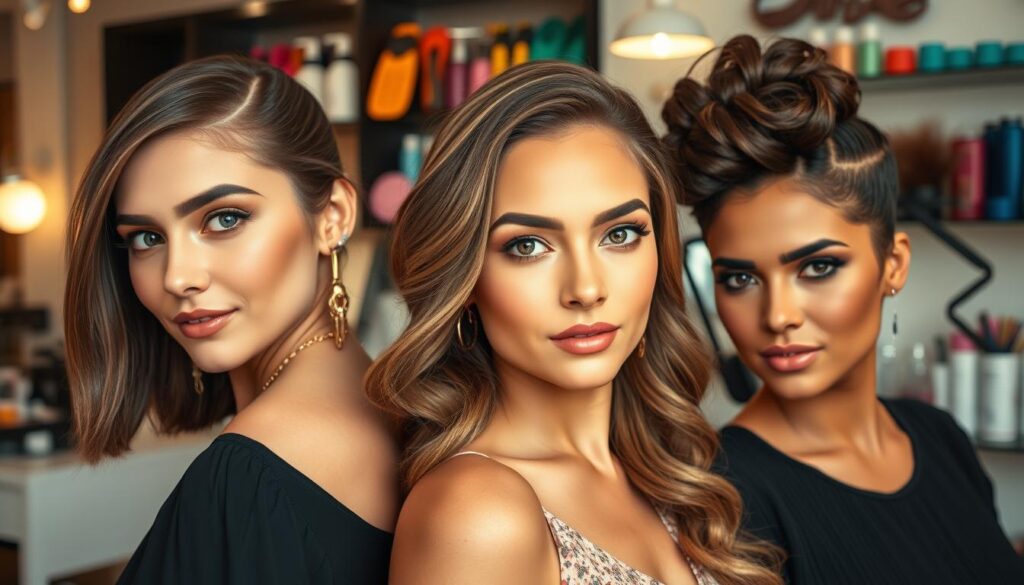 Create an image showcasing fashionable hairstyles suitable for various occasions. In the foreground, depict a diverse group of three women with different hair types and lengths, each sporting a unique, elegant hairstyle like a sleek bob, soft waves, and an intricate updo. In the middle ground, incorporate a visually appealing hair salon setting with stylish decor, mirrors, and hair care products. The background features colorful hairstyling tools and accessories neatly arranged on a shelf. Use soft, warm lighting to create a welcoming and trendy atmosphere, with the camera angle focused at eye level to highlight the hairstyles prominently. The image should convey a mood of excitement and creativity, appealing to anyone looking for stylish hair inspiration.