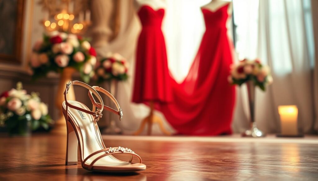 Elegant wedding shoes suitable for a red dress, displayed prominently in the foreground. The shoes should be a chic pair of strappy heels, adorned with subtle embellishments that catch the light. The middle ground features a beautifully draped red dress hanging on a mannequin, flowing elegantly and suggesting gracefulness. In the background, a softly blurred wedding setting with delicate floral arrangements and warm, ambient lighting, creating a romantic atmosphere. The lighting should be soft and diffused, enhancing the textures of the shoes and dress. The overall composition conveys luxury and comfort, inviting the viewer to envision the perfect pairing for a wedding occasion. Aim for a sophisticated and inviting mood in the scene. Elegant wedding shoes suitable for a red dress, displayed prominently in the foreground. The shoes should be a chic pair of strappy heels, adorned with subtle embellishments that catch the light. The middle ground features a beautifully draped red dress hanging on a mannequin, flowing elegantly and suggesting gracefulness. In the background, a softly blurred wedding setting with delicate floral arrangements and warm, ambient lighting, creating a romantic atmosphere. The lighting should be soft and diffused, enhancing the textures of the shoes and dress. The overall composition conveys luxury and comfort, inviting the viewer to envision the perfect pairing for a wedding occasion. Aim for a sophisticated and inviting mood in the scene.