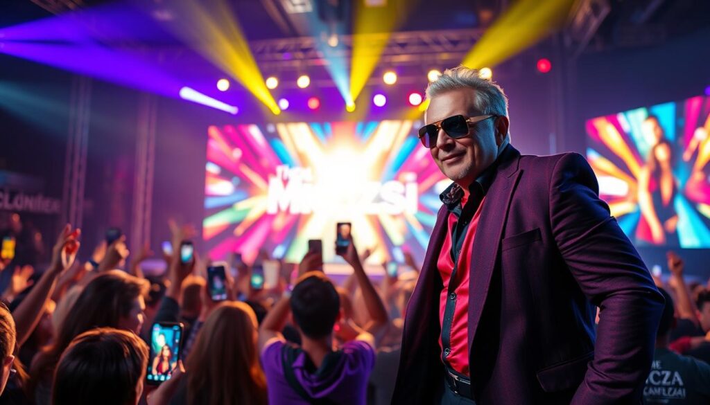 Michał Wiśniewski, a prominent Polish singer and media personality, is depicted in a dynamic pose on stage during a vibrant concert. In the foreground, he wears stylish, professional attire with bold colors, including a tailored jacket and designer sunglasses. His expression conveys passion and charisma as he engages with the audience. In the middle ground, fans are cheering, holding up lights and smartphones, capturing the moment. The background features a dazzling array of colorful stage lights and a large screen displaying his name and music videos. The lighting is bright and energetic, illuminating the scene to evoke a sense of excitement and fame. The atmosphere is lively and celebratory, reflecting the essence of his career and public life. Michał Wiśniewski, a prominent Polish singer and media personality, is depicted in a dynamic pose on stage during a vibrant concert. In the foreground, he wears stylish, professional attire with bold colors, including a tailored jacket and designer sunglasses. His expression conveys passion and charisma as he engages with the audience. In the middle ground, fans are cheering, holding up lights and smartphones, capturing the moment. The background features a dazzling array of colorful stage lights and a large screen displaying his name and music videos. The lighting is bright and energetic, illuminating the scene to evoke a sense of excitement and fame. The atmosphere is lively and celebratory, reflecting the essence of his career and public life.