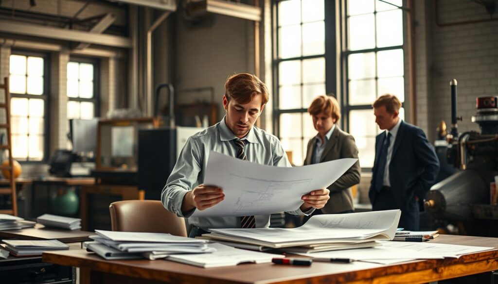 On a bustling 1980s industrial scene, depict a young Andrzej Wiśniowski in a modest office setting, analyzing blueprints and discussing plans with two colleagues dressed in professional business attire. In the foreground, a wooden desk cluttered with documents and sketches, symbolizing innovation and ambition. The middle ground features a large window allowing soft, natural light to flood the room, illuminating the faces of the characters and highlighting the atmosphere of optimism and determination. In the background, partially visible machinery and factory workflow, representing the foundation of his business empire. The overall mood is industrious and hopeful, capturing the essence of the beginnings of Wiśniowski's entrepreneurial journey. On a bustling 1980s industrial scene, depict a young Andrzej Wiśniowski in a modest office setting, analyzing blueprints and discussing plans with two colleagues dressed in professional business attire. In the foreground, a wooden desk cluttered with documents and sketches, symbolizing innovation and ambition. The middle ground features a large window allowing soft, natural light to flood the room, illuminating the faces of the characters and highlighting the atmosphere of optimism and determination. In the background, partially visible machinery and factory workflow, representing the foundation of his business empire. The overall mood is industrious and hopeful, capturing the essence of the beginnings of Wiśniowski's entrepreneurial journey.